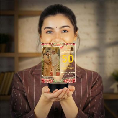 Personalized 50th Anniversary LED Lamp Custom with Photo, Names & Date Unique 50 Years Together Anniversary Couple Gift for Parents, Grandparents, Warm White LED Decor